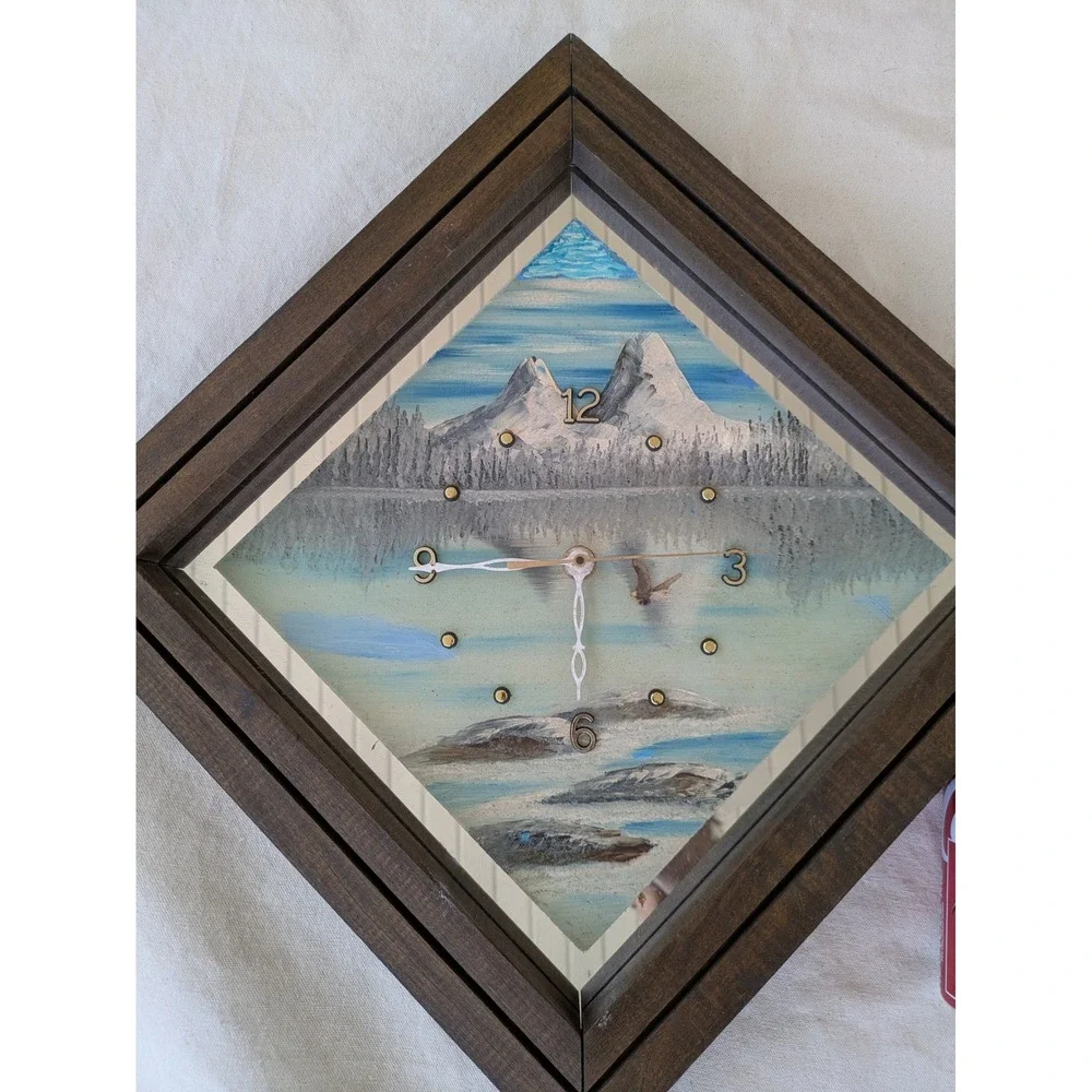 Hootin Hollow Studio Wood Diamond Wall Clock Painted Mountain Mirror Face